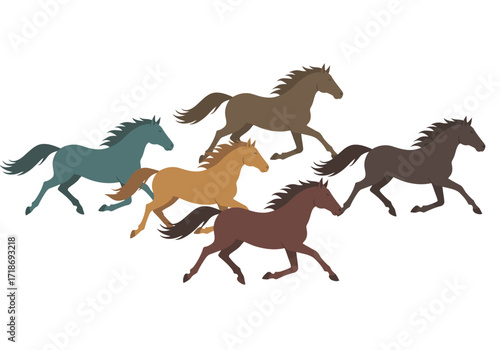 Five horses of various colors are running from left to right