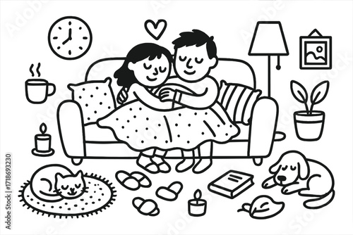 Cozy Couch Companions. Hand-drawn doodle illustration Cuddling on the couch [sofa, blanket, pillows, mug, heart, slippers, book, lamp, rug, cat, dog, clock,