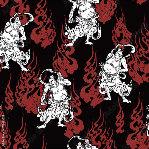 Seamless pattern with Japanese guardian deities and flames,