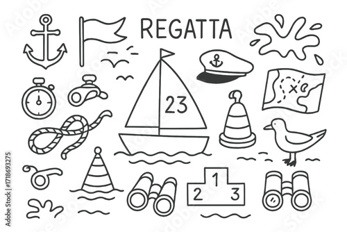 Regatta Event Doodles. Hand-drawn doodle illustration Regatta event [sailboat, flag, waves, stopwatch, anchor, sail number, buoy, captain hat, rope, whistle,