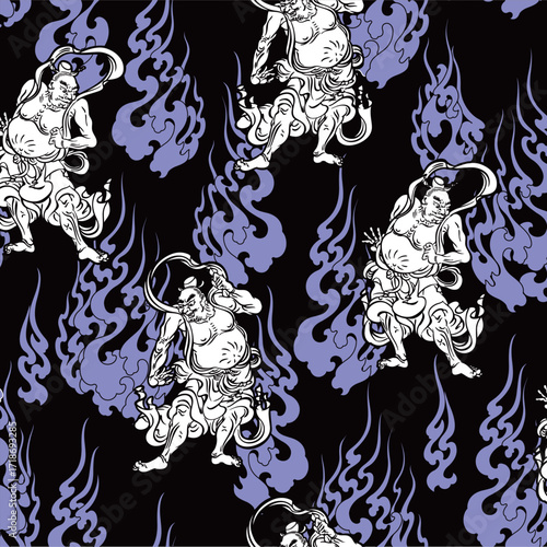 Seamless pattern with Japanese guardian deities and flames,