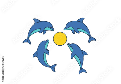 Four dolphins surround a yellow circle in the center of the frame