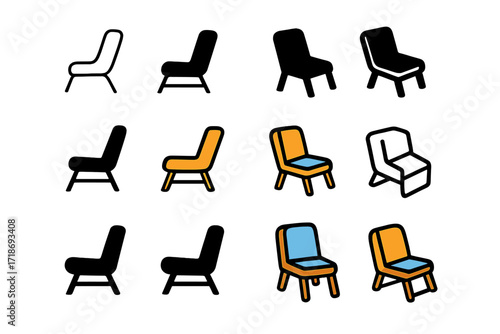 Deep Sigh Logos. Set Logo of Deep Sigh: Resting chair icon. Logo set in vector style, emblematic variations. line, bold thick line, solid black filled, solid