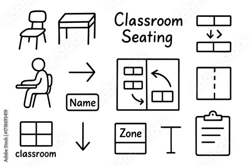 Classroom Layout Doodles. Hand-drawn doodle illustration Classroom Seating chair, desk, layout icon, table, student figure, arrow, row diagram, group desk,