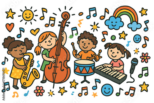 Colorful Jazz Band Doodles. Colorful Hand-drawn doodle Children illustration Jazz Band Performance [saxophone, trumpet, double bass, drum, piano, music note,