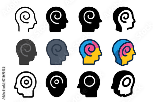 Self-Reflection Logo Grid. Set Logo of Self-reflection: spiral within a head. Logo set in vector style, emblematic variations. line, bold thick line, solid