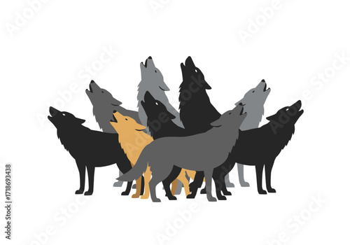 Nine howling wolves form a semicircle silhouette against a white background