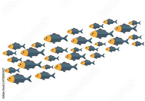 School of blue cartoon fish swim together rightoriented in a pattern