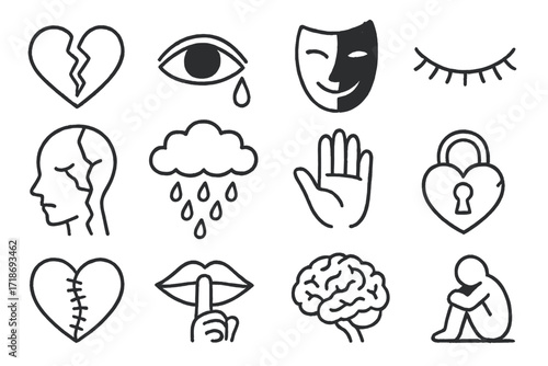 Emotional Illustration Icons. Hand-drawn doodle illustration Emotional scar [broken heart, tear, mask, shadow, closed eye, cracked face, bandage, thought