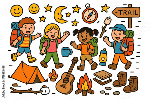 Joyful Camping Adventure. Colorful Hand-drawn doodle Children illustration Backpacking with Friends group of hikers, tent, backpack, fire, stars, s?mores,