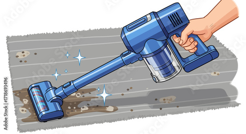 Close-up view of a hand holding a blue cordless vacuum cleaner, cleaning a gray carpet with dirt and stains; bright, clean illustration style.