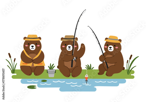 Three bears fishing at a pond one wearing a vest and another waving