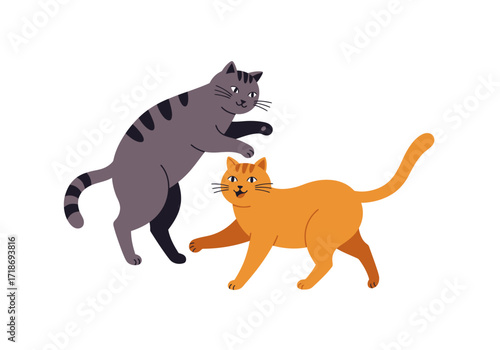 Two cartoon cats one gray and one orange facing each other