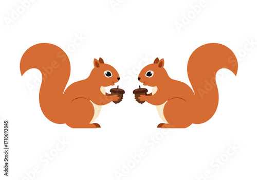 Two cartoon squirrels facing each other while holding acorns set against a white background