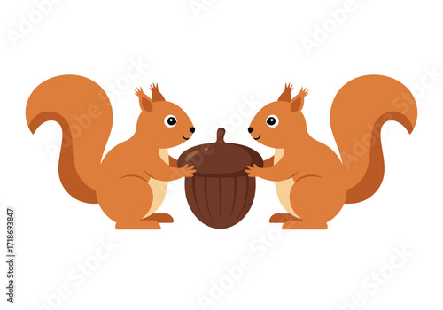 Two cartoon squirrels hold a large acorn between them