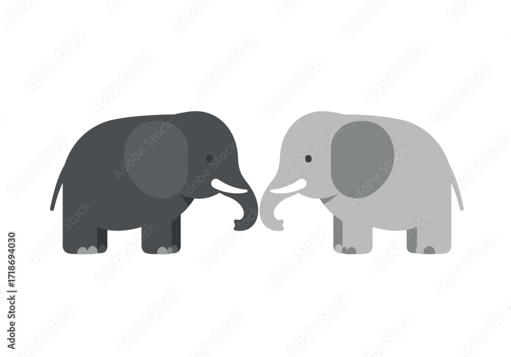 Fototapeta premium Two stylized elephants one gray and one dark gray facing each other on a white background