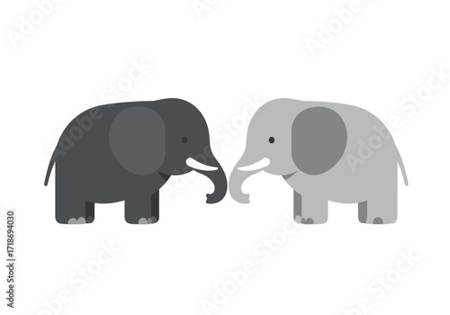 Two stylized elephants one gray and one dark gray facing each other on a white background