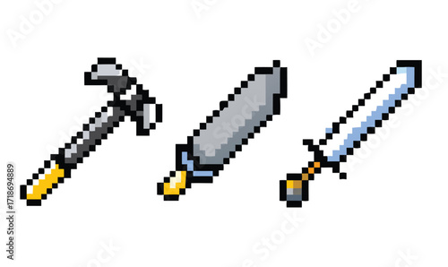 Melee Weapons 8-Bit Pixel Art Icon Set. 3 Retro RPG Fantasy Sprites