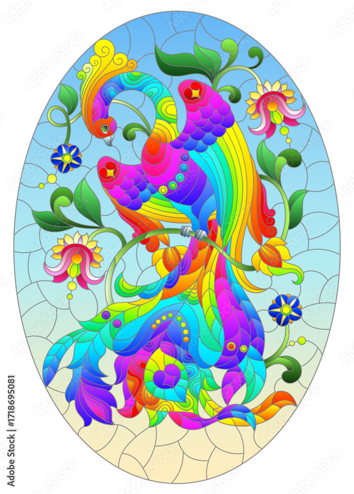 Fototapeta premium An illustration in style of stained glass window with magical bright bird on a branch