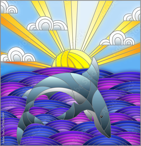 Illustration in stained glass style with shark into the waves, starry sky,moon and cloudAn i