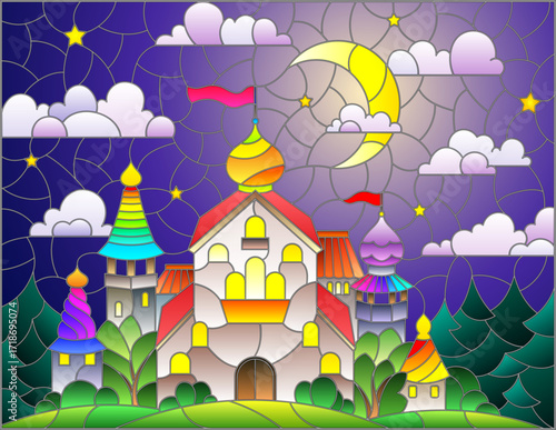 An illustration in the style of a stained glass window with an ancient castle on the background of a landscape and a night sky