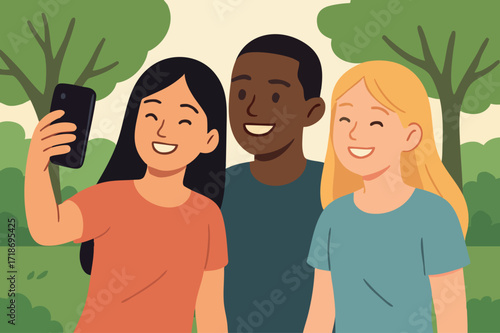 Simple illustration 3 teenagers taking selfie