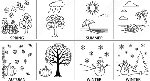 Line art illustration depicting the four seasons spring summer autumn and winter in separate panels