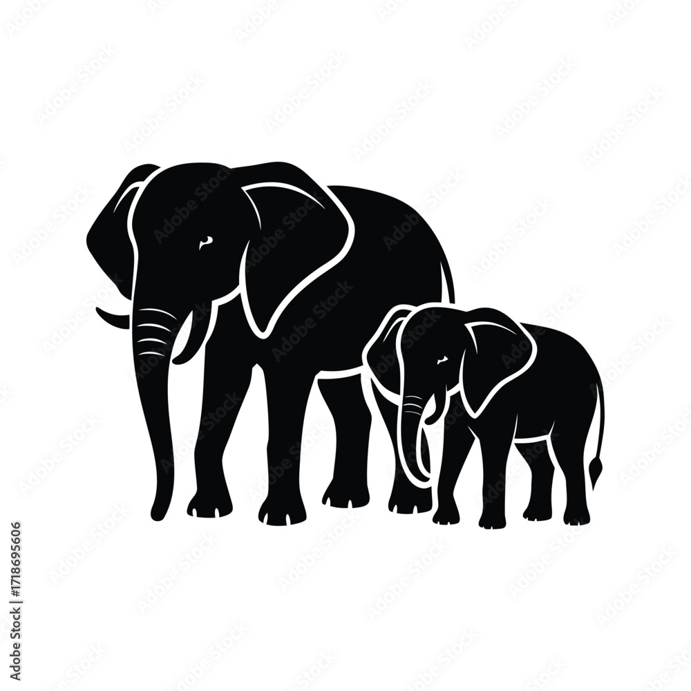 Fototapeta premium Black white silhouette elephants large and young