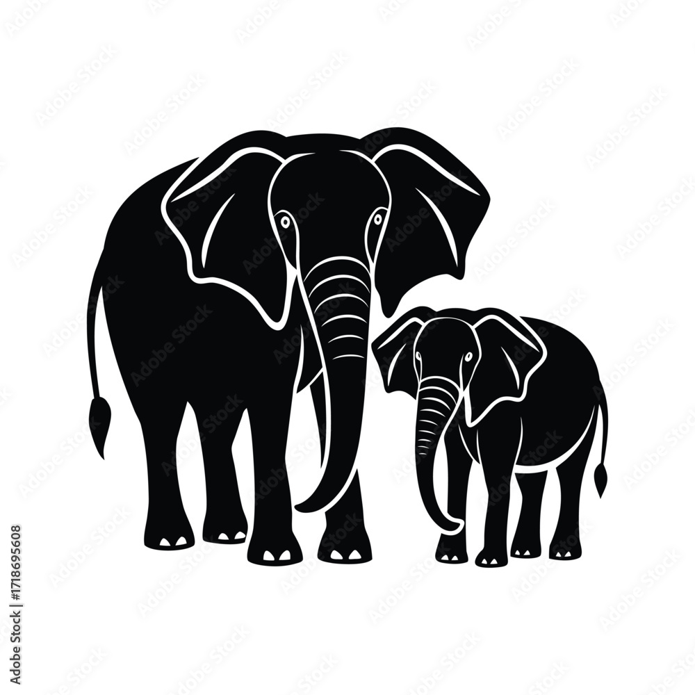 Fototapeta premium Black white silhouette elephants large and young