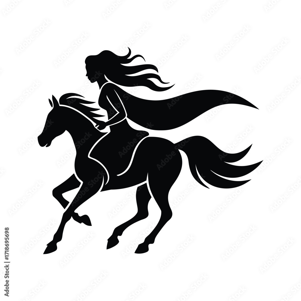 Obraz premium Black white silhouette woman riding galloping horse