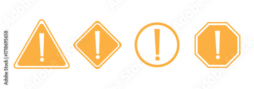 Caution signs. Symbols danger and warning signs. Set of road signs, Traffic signs. Stop, Taxi, Maximum speed, School crossing, Danger, Left curve, Traffic light symbol. Vector illustration.