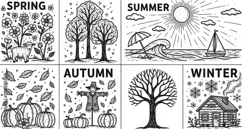 Seasonal illustrations depicting spring summer autumn and winter in black and white drawings