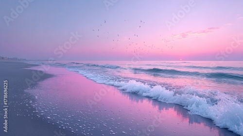 Pastel Sky Meets Ocean Waves in Coastal Serenity with Seagulls Soaring Above Beach During Sunrise with Soft Pink Hue and Gentle Waves Lapping Shoreline
