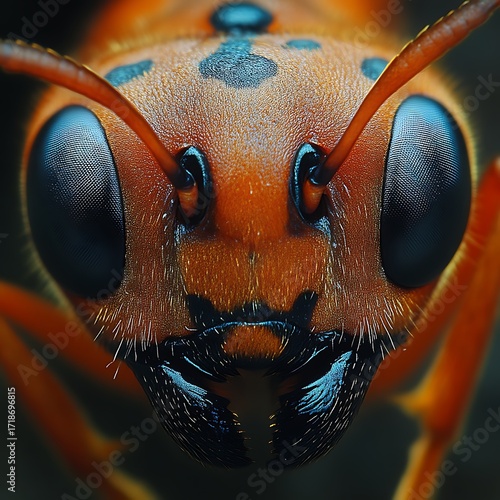 Extreme close-up of a wasp's head, showcasing intricate patterns and textures.  Fiery orange and deep black coloring dominate the image