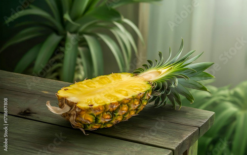 Fresh Ripe Pineapple Half on Wooden Table