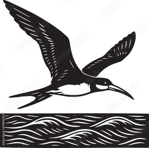 Soaring Skimmer Above Ocean Waves linocut illustration of a seabird over waves in black and white bold style, perfect for nature, wildlife, and ocean themed design uses.