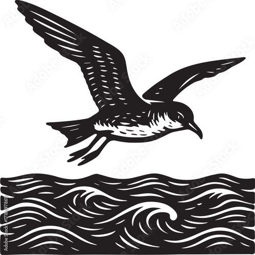 Storm Petrel Over Ocean Waves linocut illustration of a seabird over waves in black and white bold style, perfect for nature, wildlife, and ocean themed design uses.
