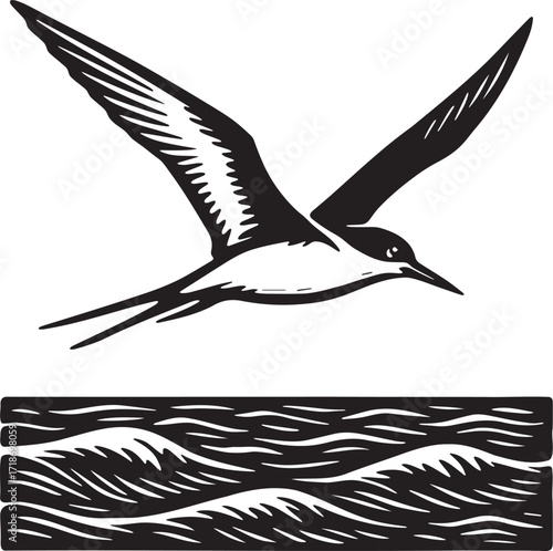 Minimalist linocut print of an Arctic tern gliding over moving sea waves