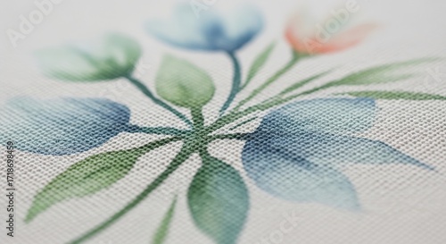 Watercolor Floral Design on Textured Fabric Close-up View.