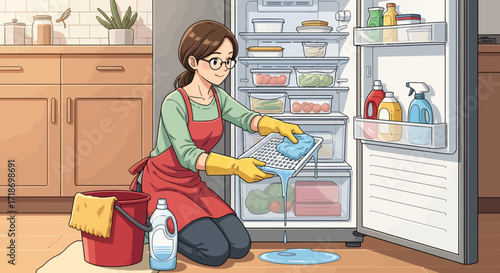 A woman cleaning a refrigerator filter, kneeling, wearing yellow gloves and a red apron in a kitchen with warm colors, illustrated style.