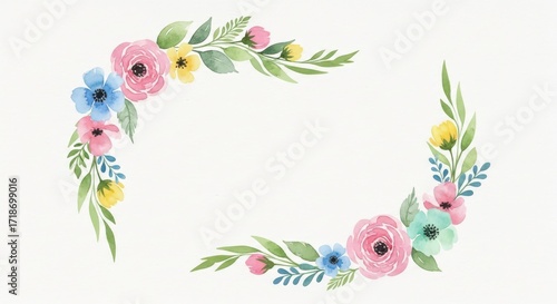 Watercolor Floral Frame with Pink Blue Yellow Flowers.