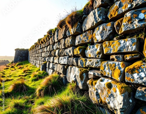 Ancient stone wall, grassy field