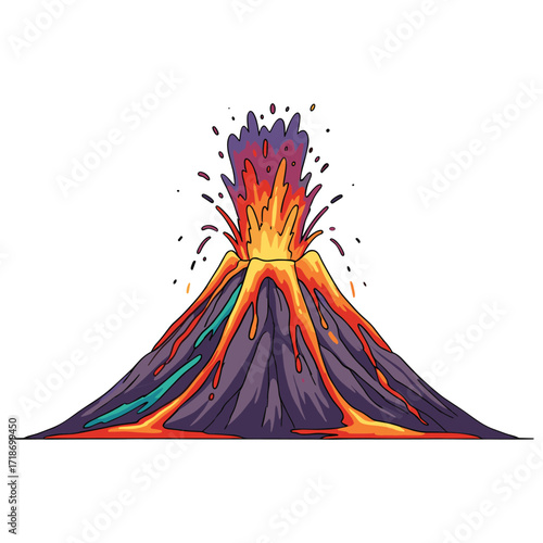 Vector Illustration of Erupting Volcano in Vibrant Modern Style with Bright Reds Oranges and Purples