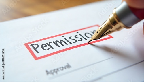Professional high-quality closeup of permission request document with red approval stamp and fountain pen for confident corporate legal compliance marketing, created with generative ai