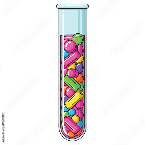 Vector Illustration of Test Tube Filled with Colorful Pills in Modern Organic Style for Medical and Pharmaceutical Design