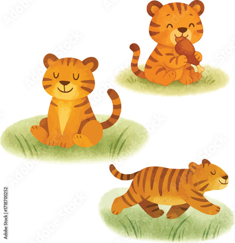Cute Watercolor Tiger Cartoon Illustration Set – Sitting, Walking, Eating