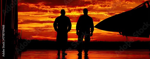 Silhouette of two airmen at sunset, dramatic fiery sky, jet aircraft