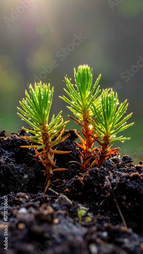 Tiny sprouts in dark soil, bathed in sunlight