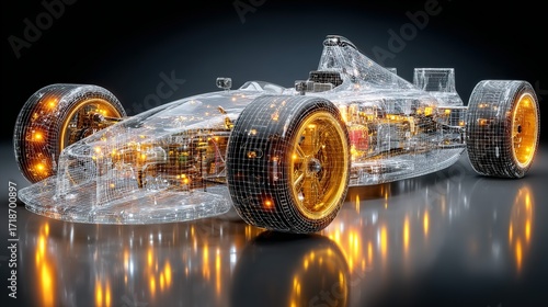 Transparent race car with glowing gold wheels and internal components on reflective surface.
