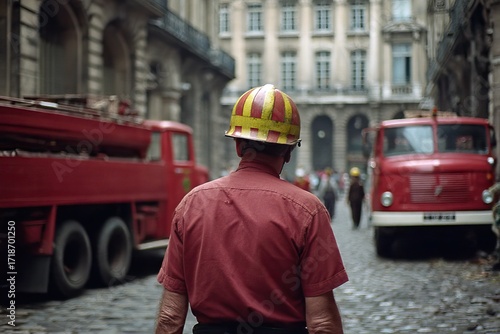 Man in red shirt and yellow/red hardhat walks down city street between fire trucks